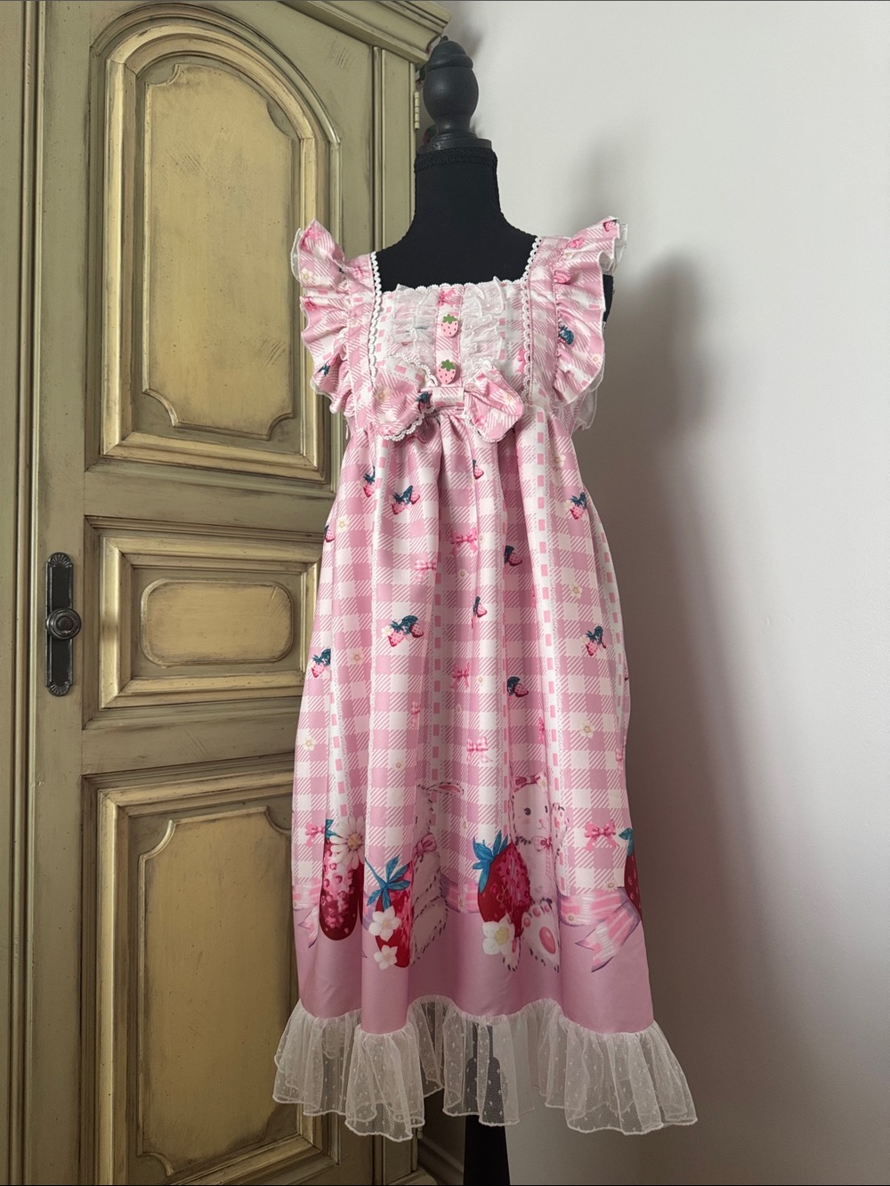 Girls Pink Strawberry Print Dress with Lace Trim